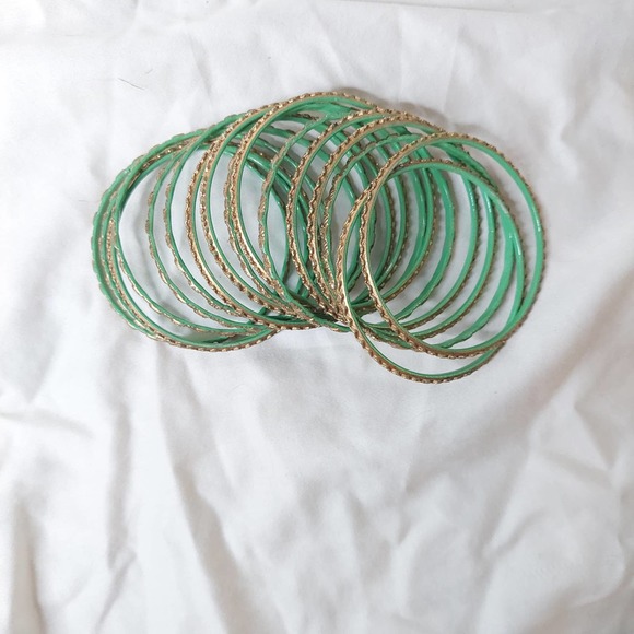 Vintage Gold Tone Textured Costume Bangle Stack Set of 16 with Pop of Mint Green - Picture 4 of 7